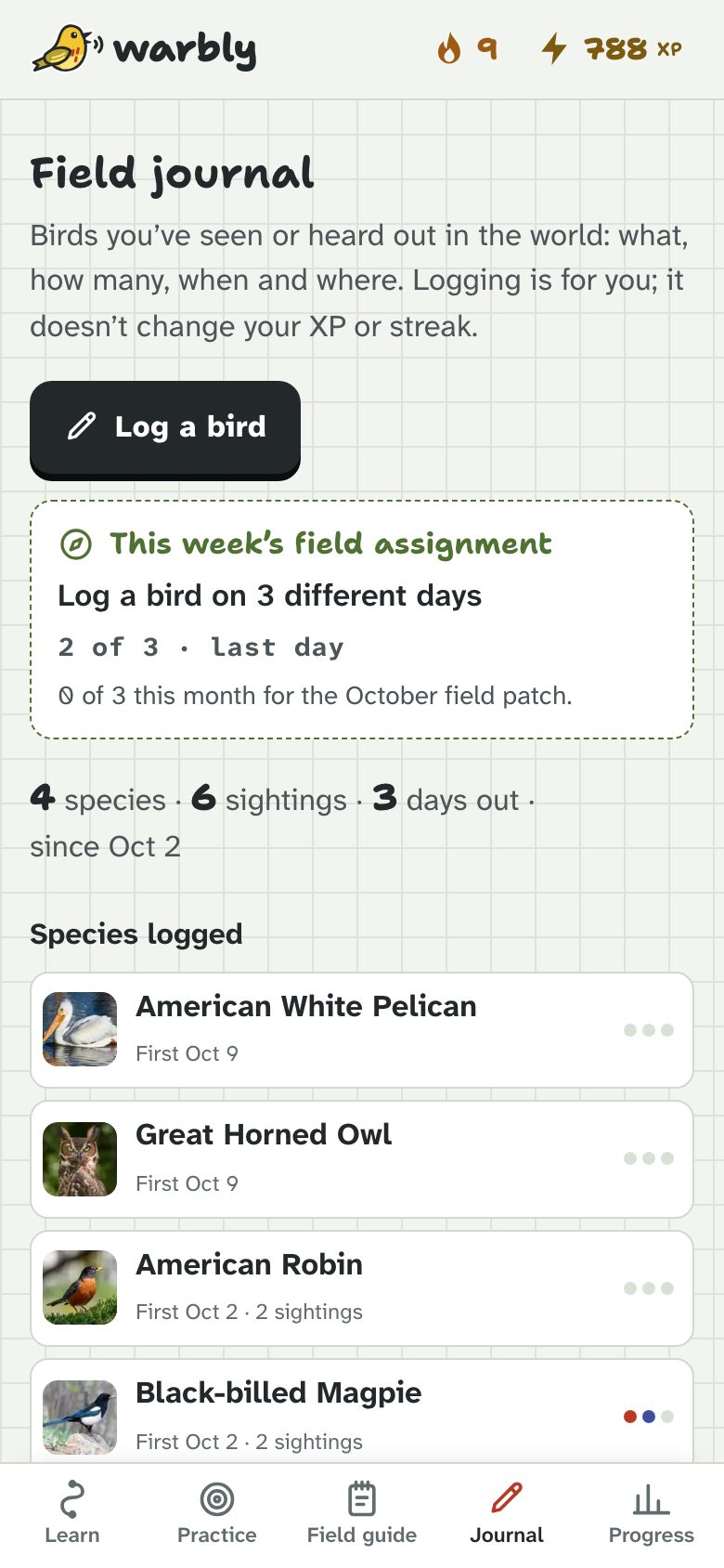 The field journal: species logged and sightings by day